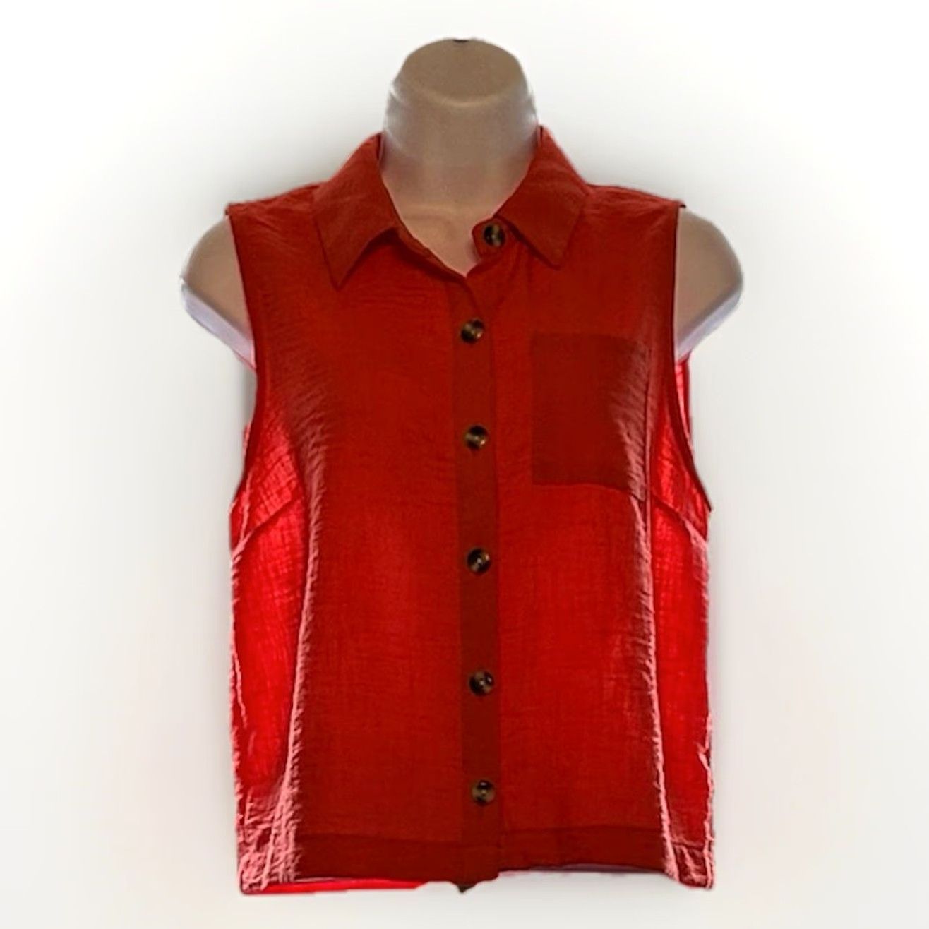 Vintage Monteau Los Angeles Tank Top Shirt Women Medium Coral Sleeveless Button Up Collared Knit Polyester Casual Party/Cocktail Womens Size M / US 6-8 / IT 42-44 - 7 Thumbnail