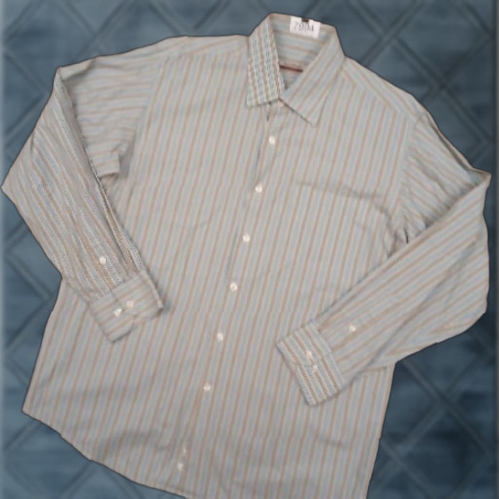 Vintage Barry Bricken Shirt Mens XL Beige Blue Striped Long Sleeve Button-Up Cotton Size US XL / EU 56 / 4 - 1 Thumbnail