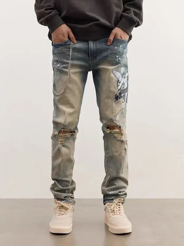 Japanese Brand VIBE High street ripped angel print chain jeans Size US 32 / EU 48 - 1 Thumbnail