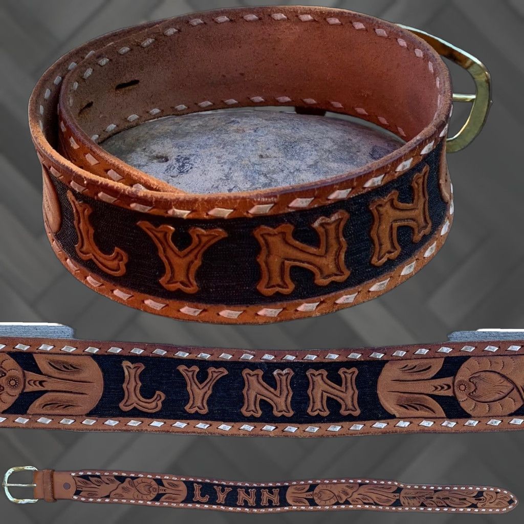 Vintage VINTAGE Tooled Leather Western Belt With Name LYNN Size 24 Leather Brown Unbranded Adult Unisex Belt Size ONE SIZE - 1 Thumbnail
