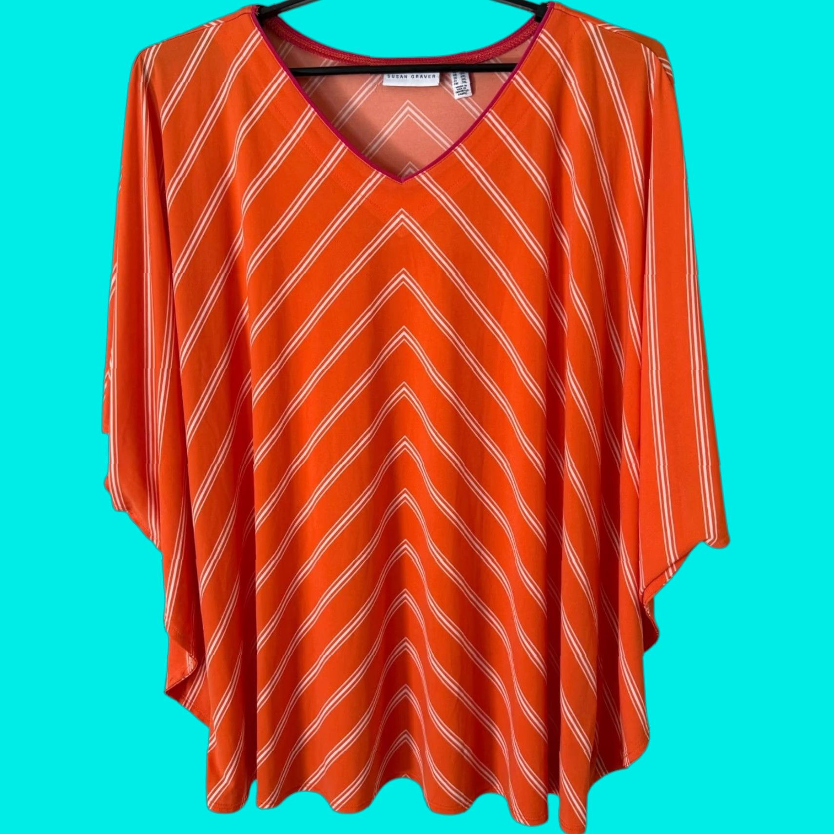 Vintage Susan Graver Striped Liquid Knit V-Neck Top Orange Womens 2X Blouse KnItems? Size XXL / US 16-18 / IT 52-54 - 1 Thumbnail