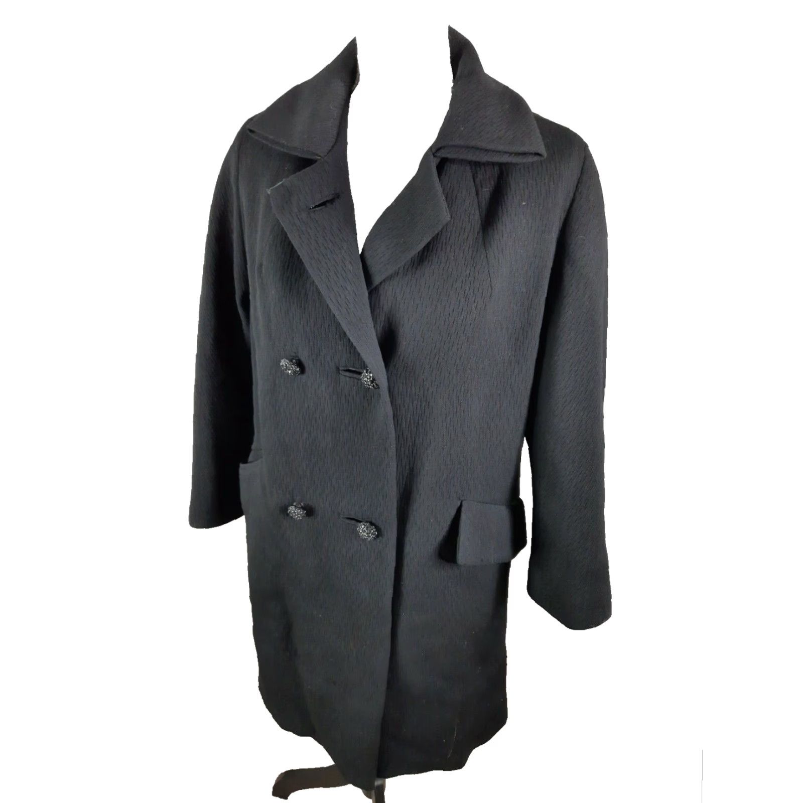 Doublet VINTAGE Edevins Women's Pea Coat Long Wool Black Double Breasted 60s 70s Coat Menswomen Size L / US 10 / IT 46 - 2 Thumbnail