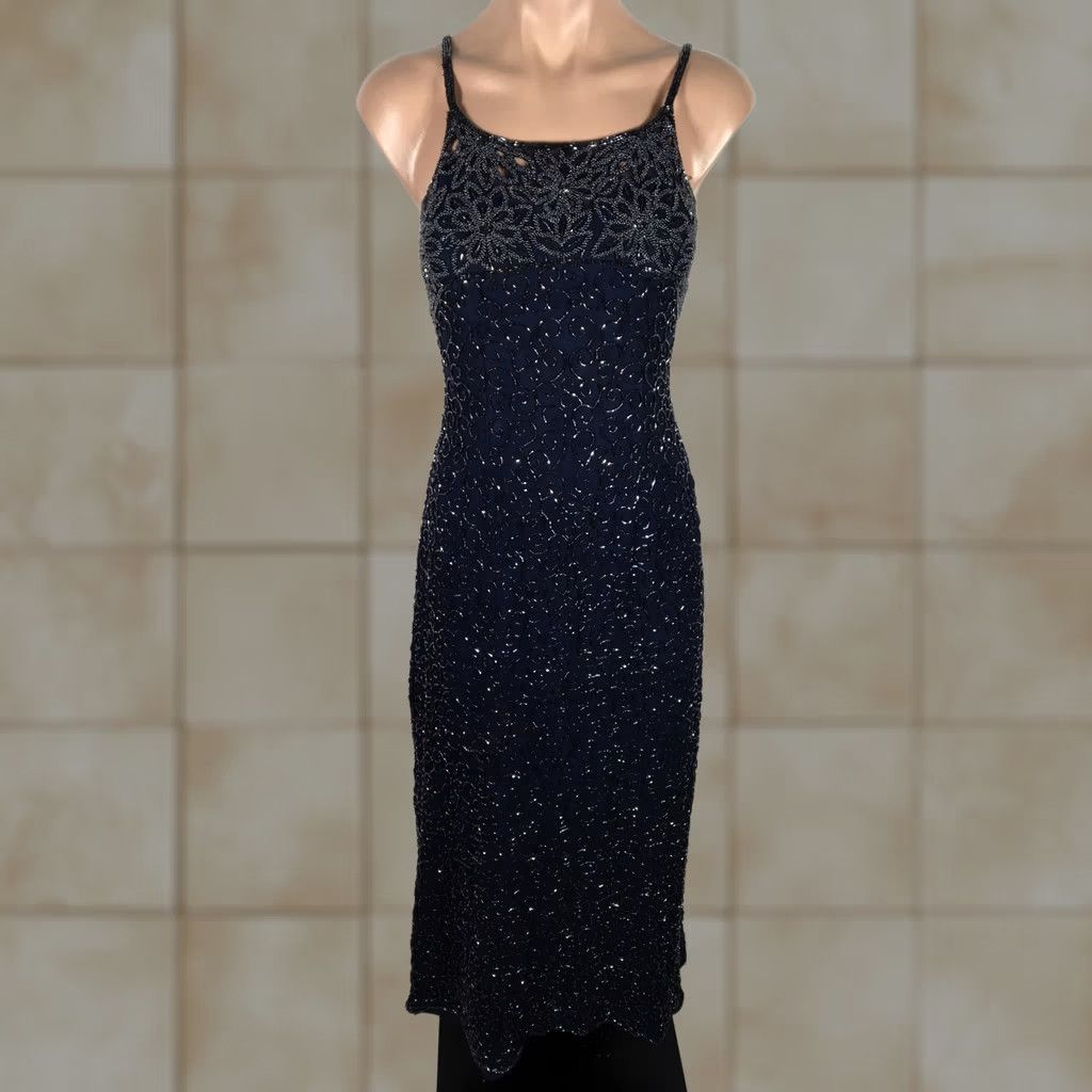 Vintage VINTAGE Scala Long Silk Beaded Open Sequin Square Neck Blue Gown M Dress, Ball Gown, A-Line, Formal, Women's Velvet Blue Silk, Vintage Scala Size M / US 6-8 / IT 42-44 - 1 Thumbnail