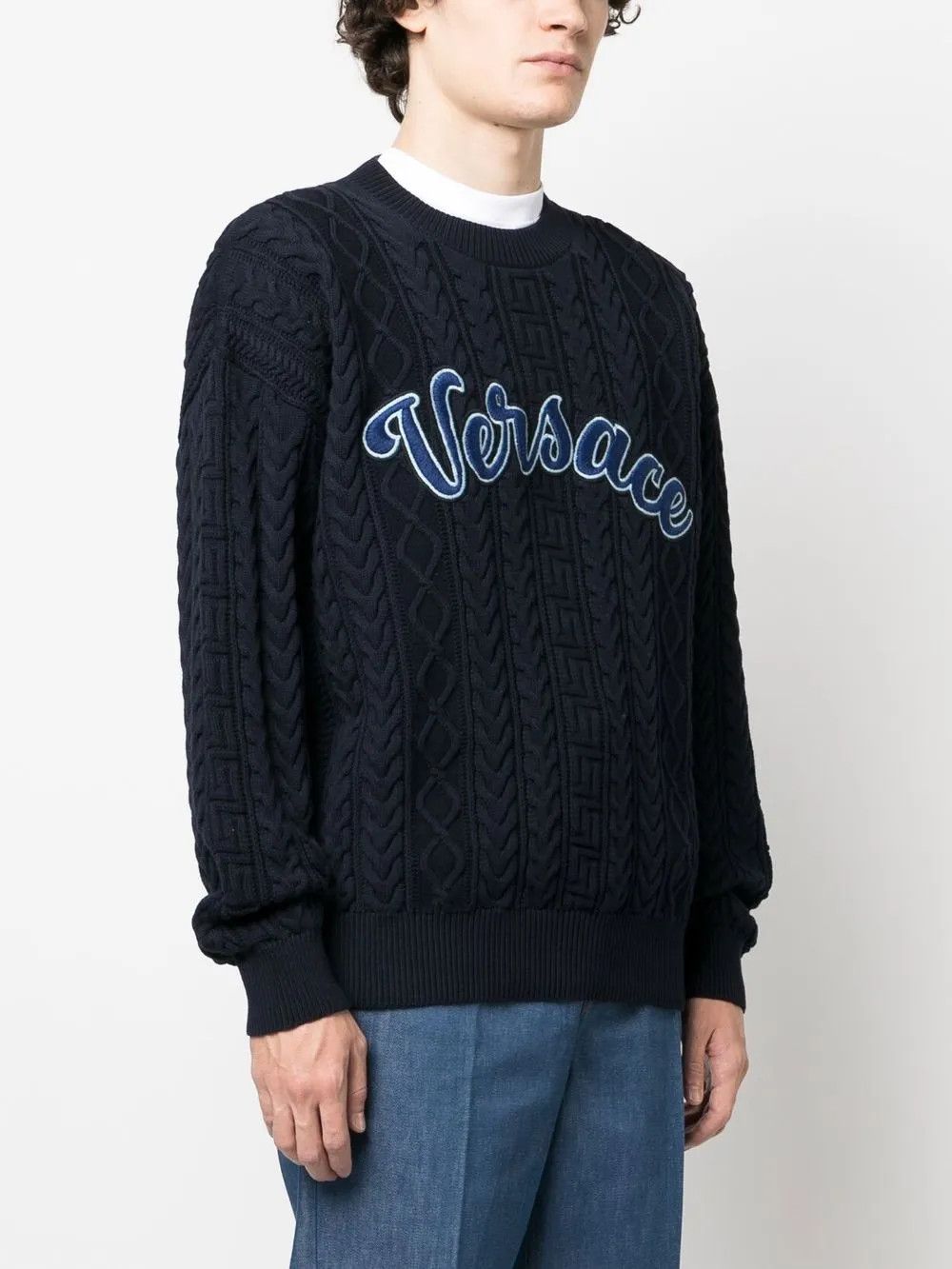 Versace o1y0525 Logo Crewneck Sweater in Midnight Blue Size US M / EU 48-50 / 2 - 3 Thumbnail