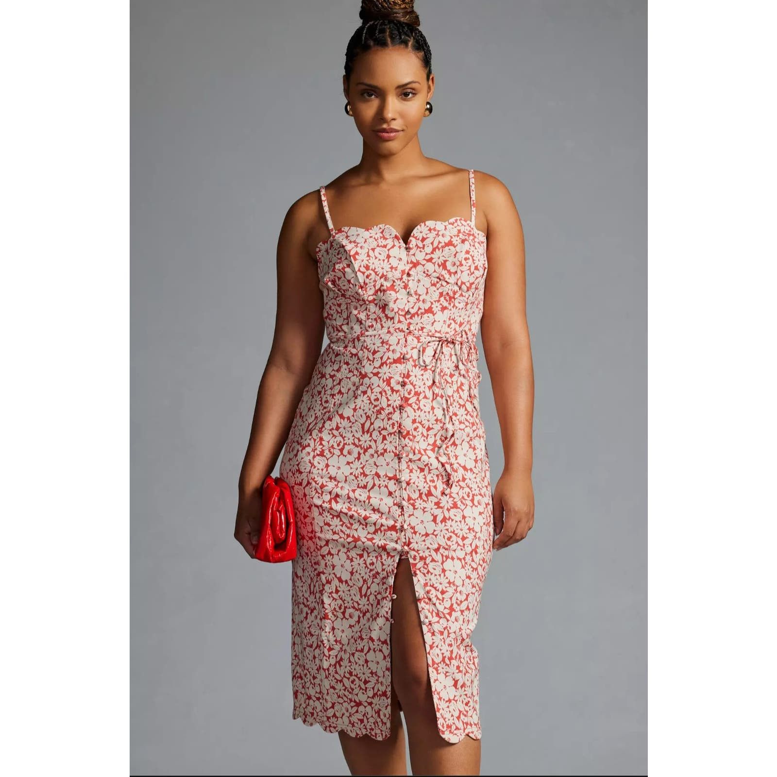 image of NWT By Anthropologie Slim Scalloped Front-Slit Corset Dress in Red, Women's (Size 2XL)