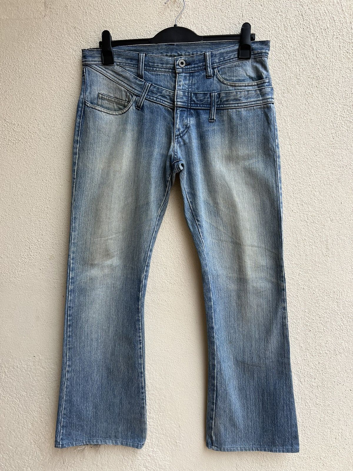 Japanese Brand Rupert Japan Double Waist Fade Mud Blue Denim Flare Jeans Size US 34 / EU 50 - 6 Thumbnail