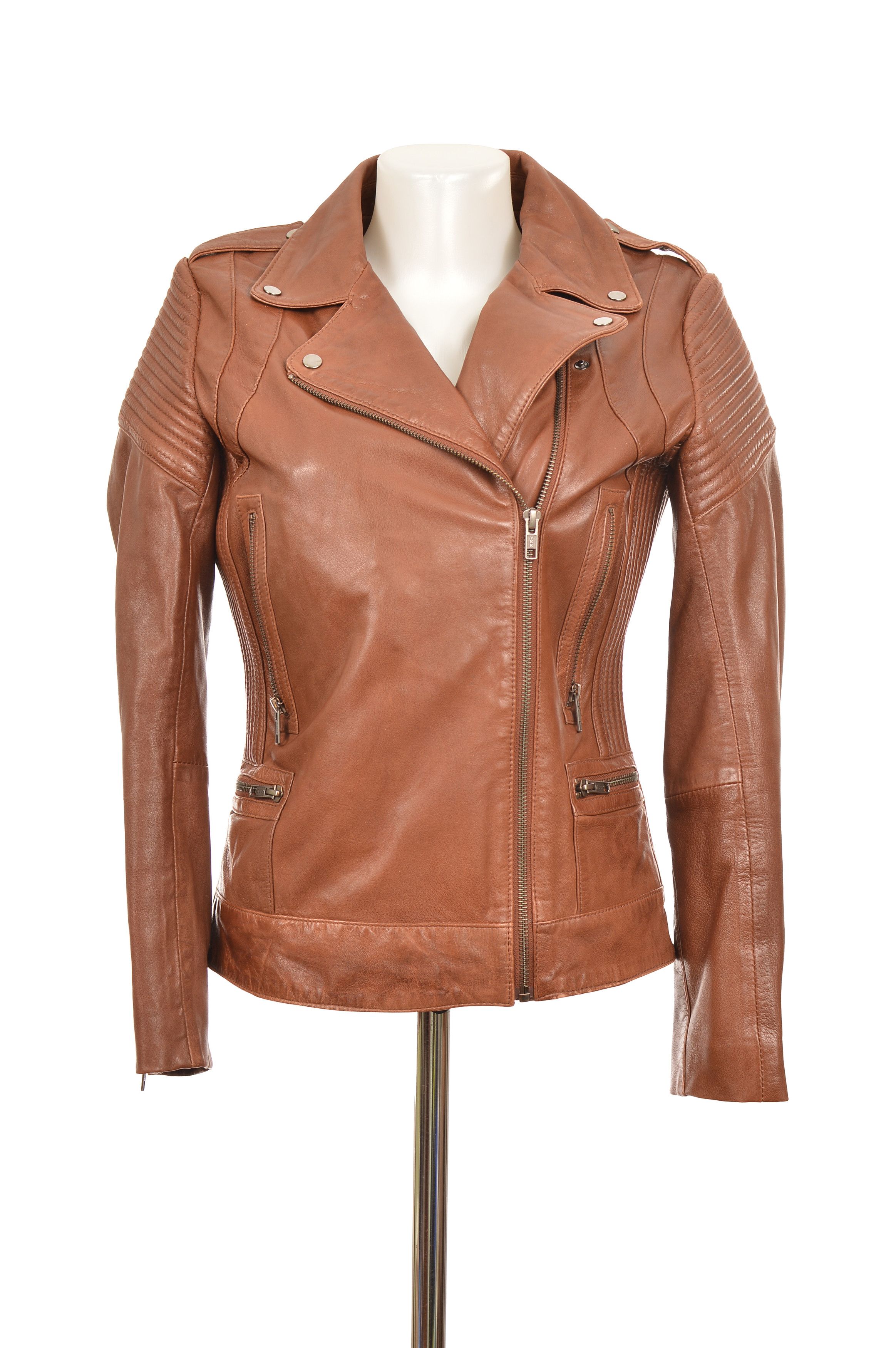 Vintage Naf Naf Womens Brown Leather Biker Jacket Size XXS / US 00 / IT 34 - 1 Thumbnail