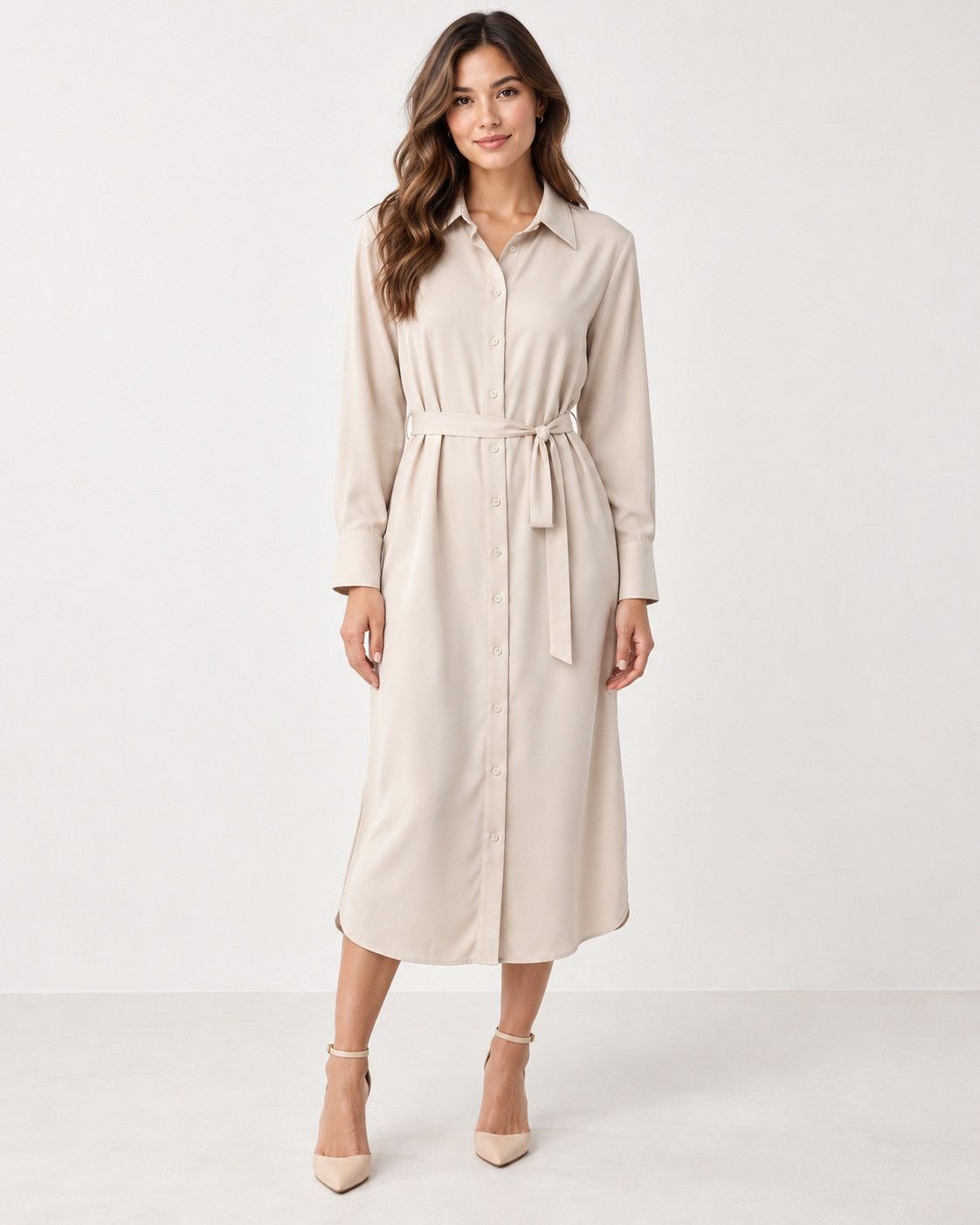 Aritzia Babaton Cream Beige Belted Midi Shirt Dress Xxs, Women's