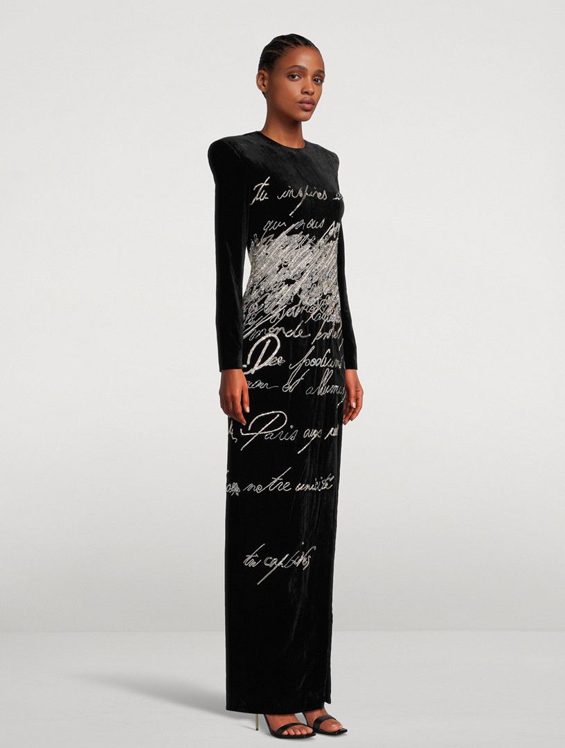 Balmain o1s1wg111225 Lovel Letter Embellished Velvet Gown in Black Size S / US 4 / IT 40 - 4 Thumbnail