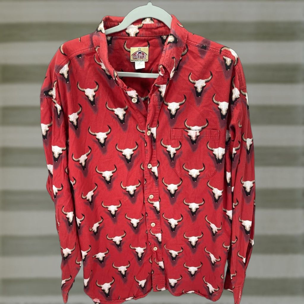 Vintage VINTAGE Barn Fly Western Shirt Men Large Red AOP Seer Cow Head Long Sleeve Button VTG Size US L / EU 52-54 / 3 - 1 Thumbnail