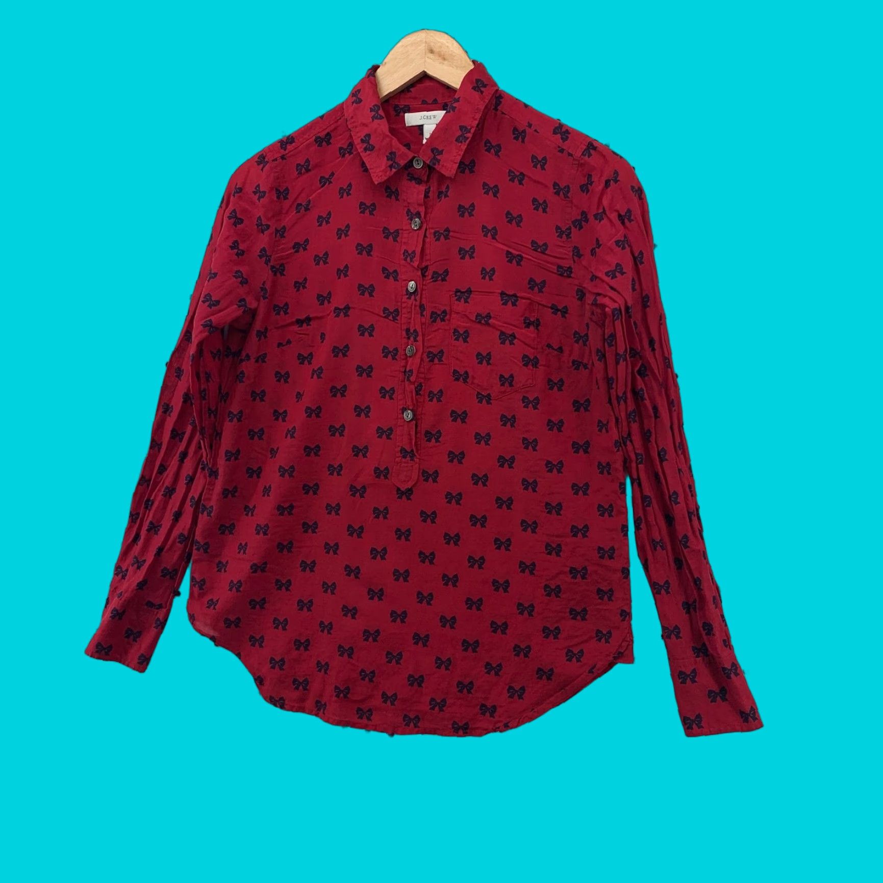 J.Crew J.CREW Button Shirt Womens Size 2 Red Long Sleeve Bow Tie AOP 18.5x25.5 Size XS / US 0-2 / IT 36-38 - 1 Thumbnail
