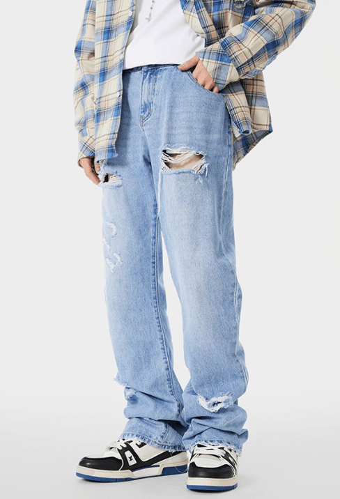 Street trend distressed straight-leg ripped jeans