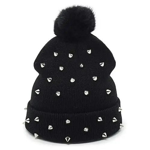 image of Vintage Rivet Winter Pompom Beanies Punk Rock Hats in Black, Men's