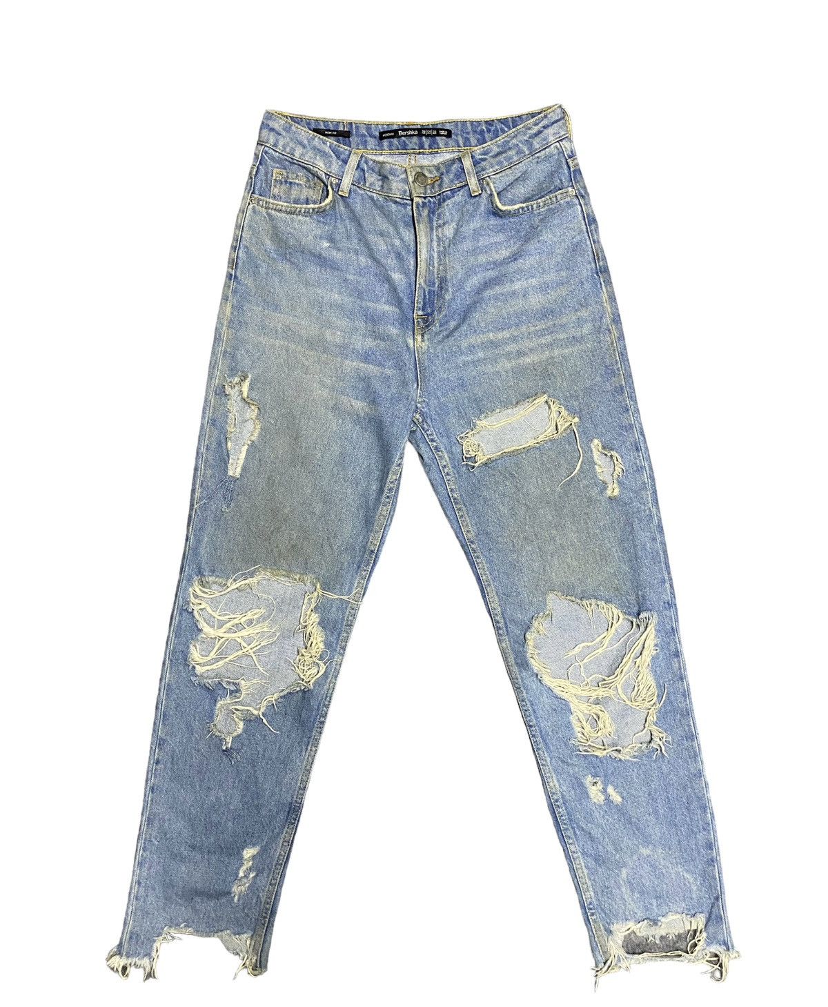 image of Avant Garde x Bershka Distressed Denim Bershka Mom Fit Jeans Pants in Blue, Women's (Size 27)