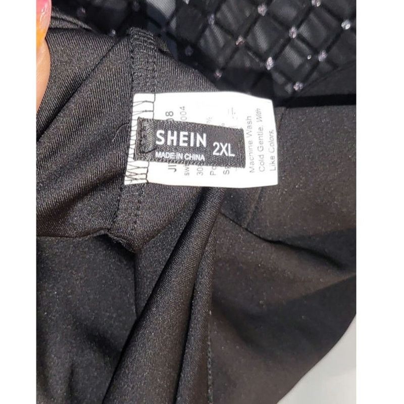 Shein SHEIN Grid Rhinestone Sheer Mesh Collar Bodysuit Black 2XL Size XXL / US 16-18 / IT 52-54 - 3 Thumbnail