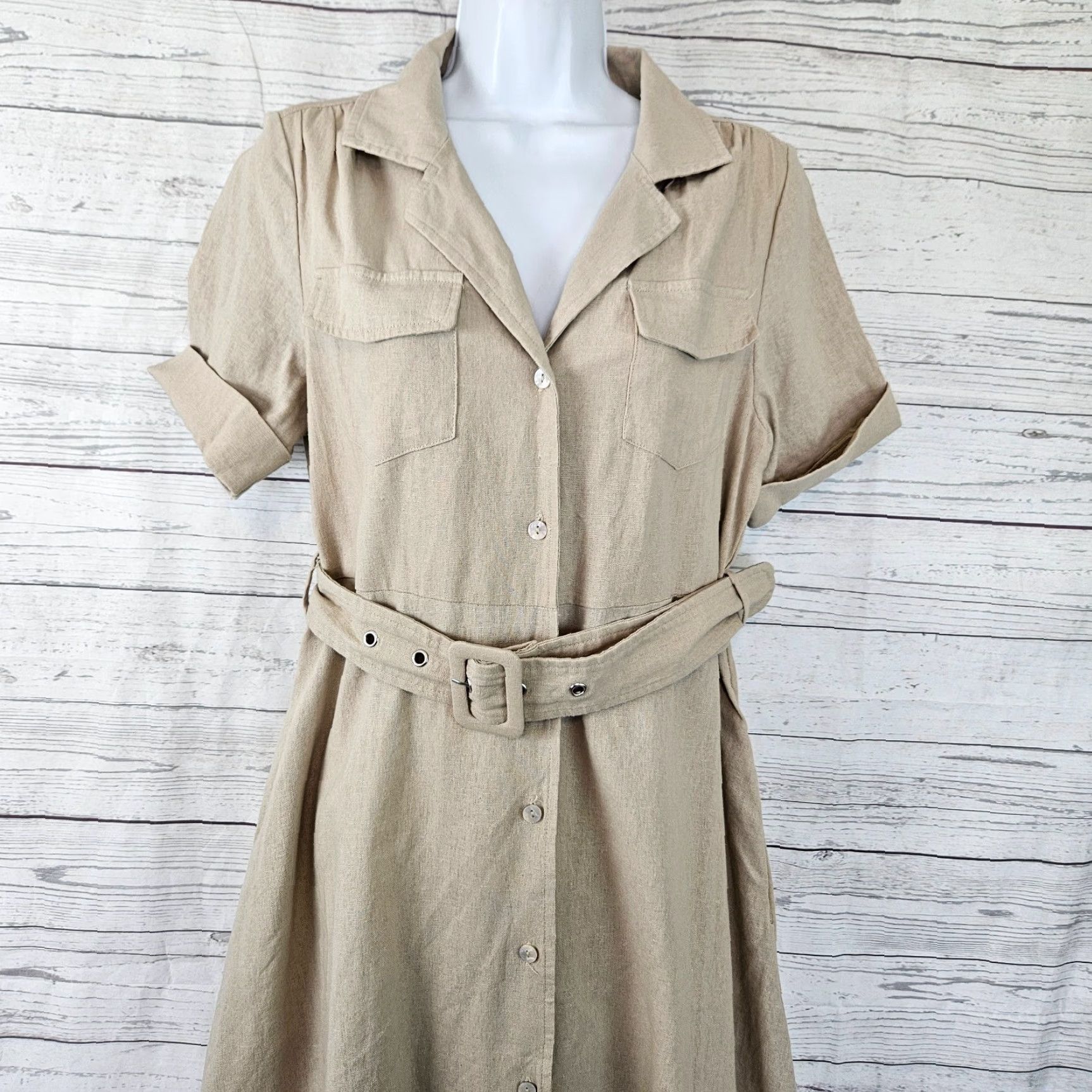 Vintage Tahari Shirt Dress Womens Sz S Tan Linen Blend Button Front Belted Midi Size S / US 4 / IT 40 - 2 Thumbnail