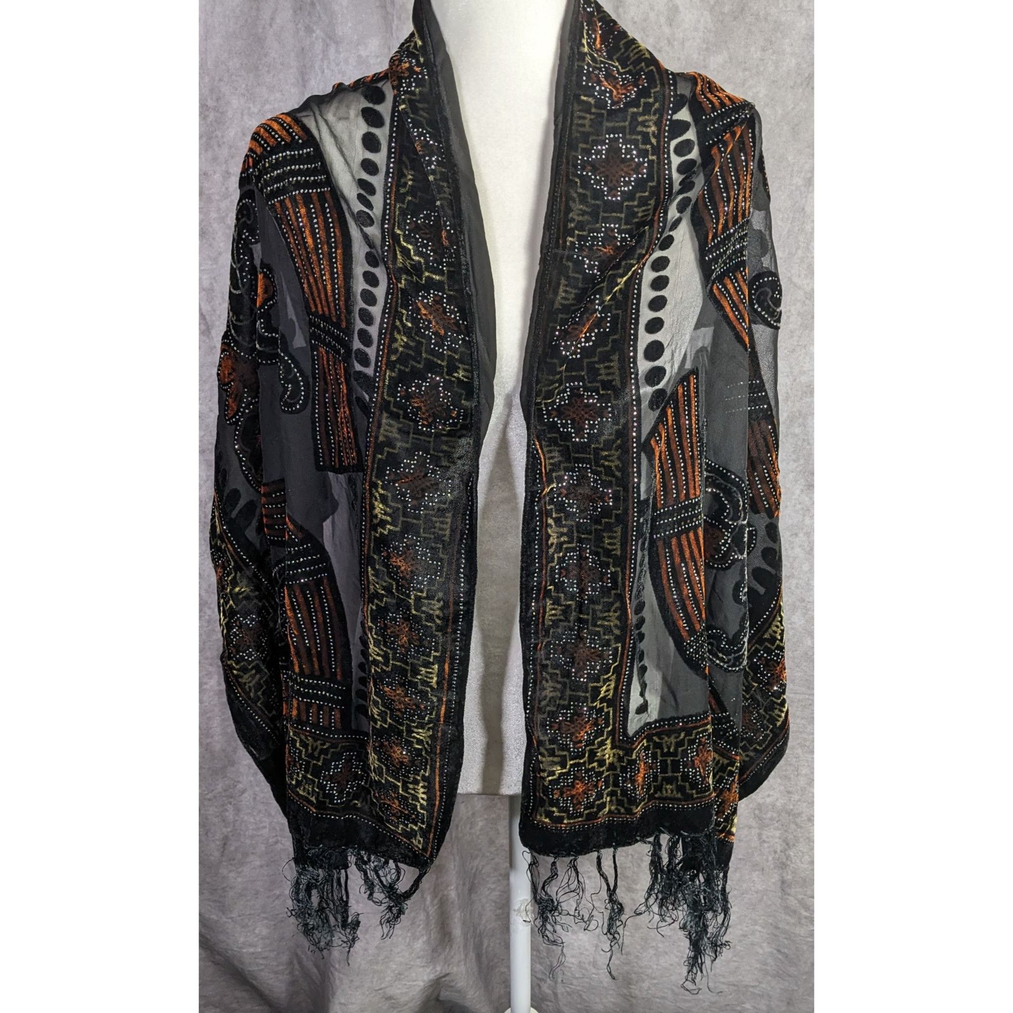 Other Vintage Glitter Burnt Velvet Floral Scarf With Fringe Elegan Size ONE SIZE - 10 Thumbnail