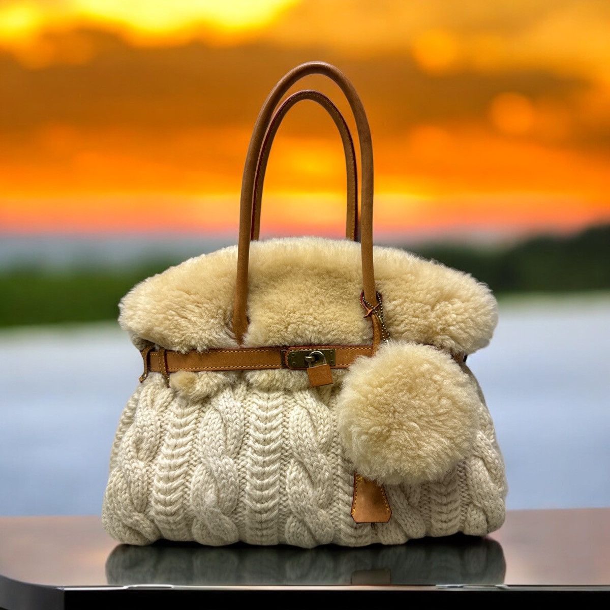 Handmade MONTEROSA CABLEKNIT SHEEPSKIN HANDMADE BIRKIN STYLE HANDBAG Size ONE SIZE - 1 Thumbnail