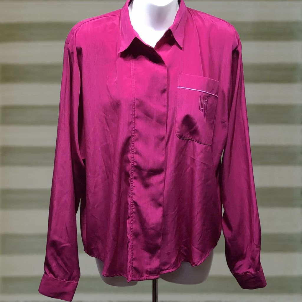 Vintage VINTAGE Fortina Silky Top Blouse 12 Purple Magenta ButtonUp LongSleeve Career Size XL / US 12-14 / IT 48-50 - 1 Thumbnail