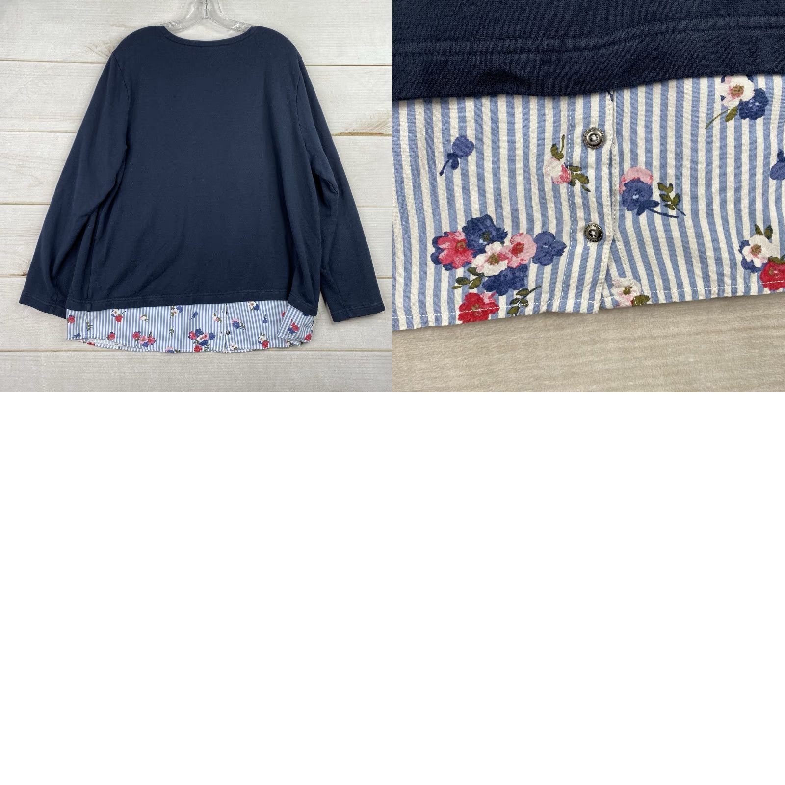 J. Jill J Jill Sweatshirt Top Womens XL Blue Floral Striped Trim Pullover Stretch Casual Knit Cotton Button Fringe Tunic Crewneck Size XL / US 12-14 / IT 48-50 - 8 Thumbnail