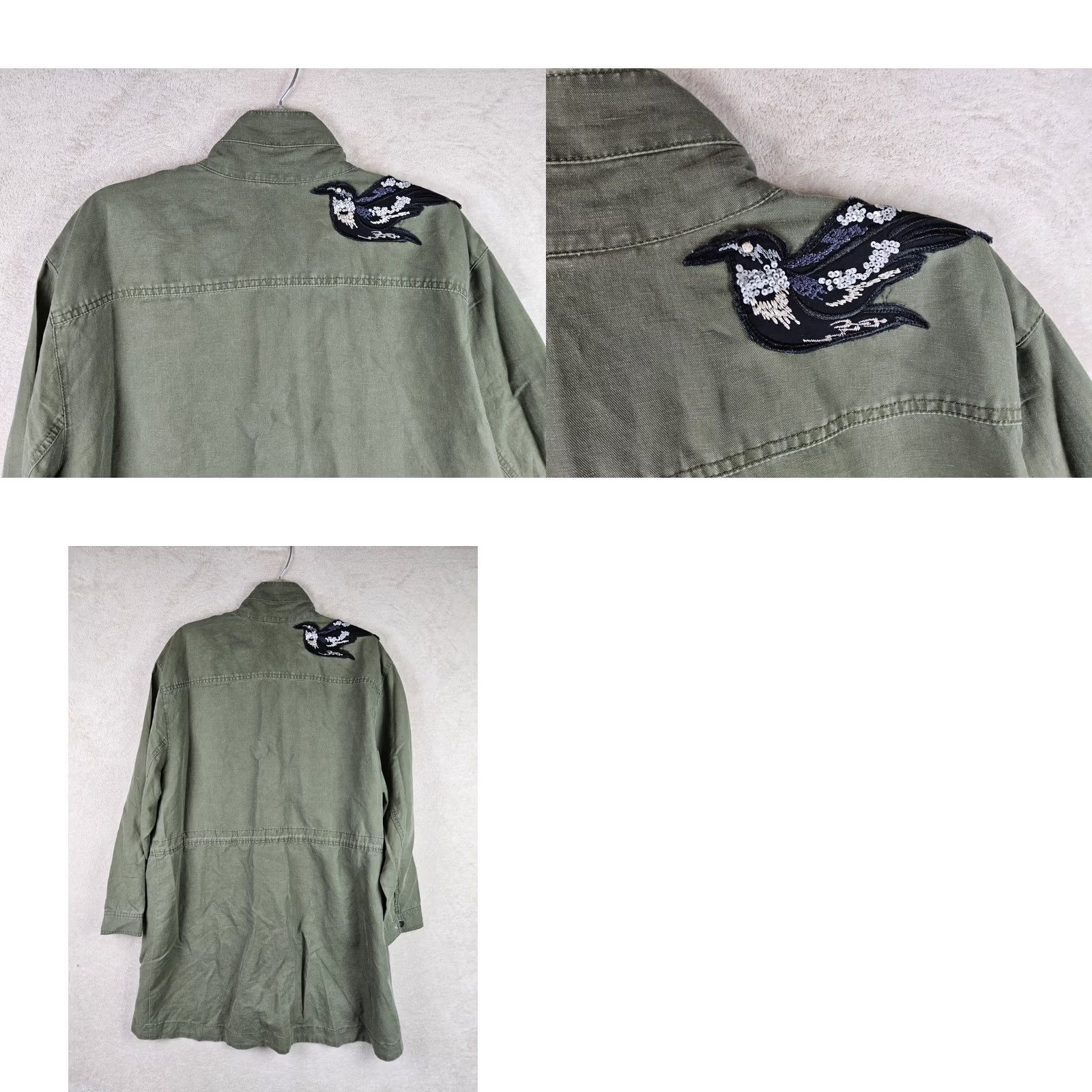 Vintage Cabi Jacket Bird Military Linen Blend Sequin Star Appliqué Zip Green Sz L Women Regular Mid-Length Jacket (Travel, Workwear) Size L / US 10 / IT 46 - 8 Thumbnail