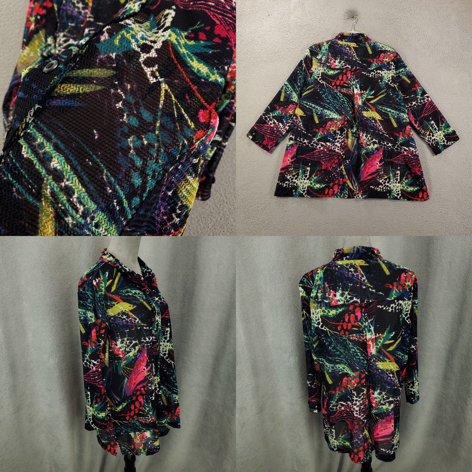 Vintage Ali Miles Top Womens Large Black Neon Open Knit Sheer Button Up Wire Neck Artsy Size L / US 10 / IT 46 - 8 Thumbnail