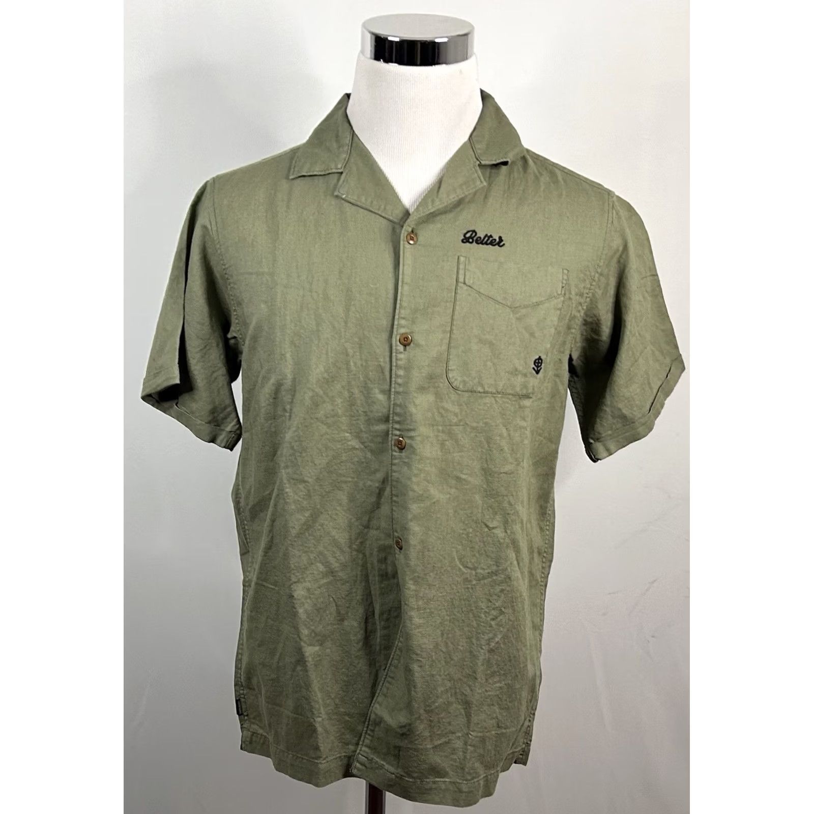 Superdry SuperDry Vintage Resort Shirt Linen Blend Olive Green Short Sleeve Medium Men Size US M / EU 48-50 / 2 - 2 Thumbnail
