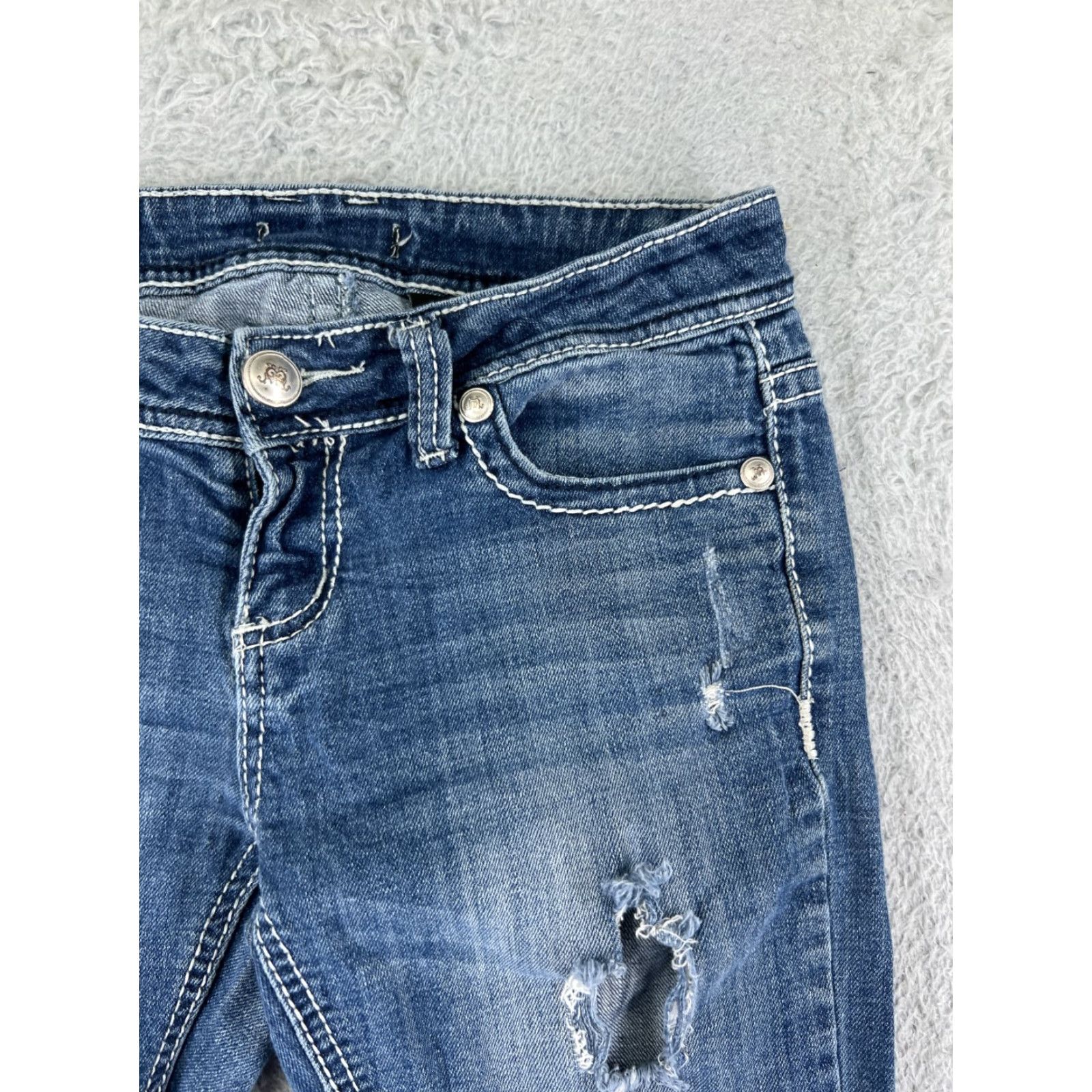 Denime Soundgirl Jeans Womens 5 Blue Denim Flared Distressed Embroidered Rhinestone Cotton Size 27" / US 4 / IT 40 - 7 Thumbnail