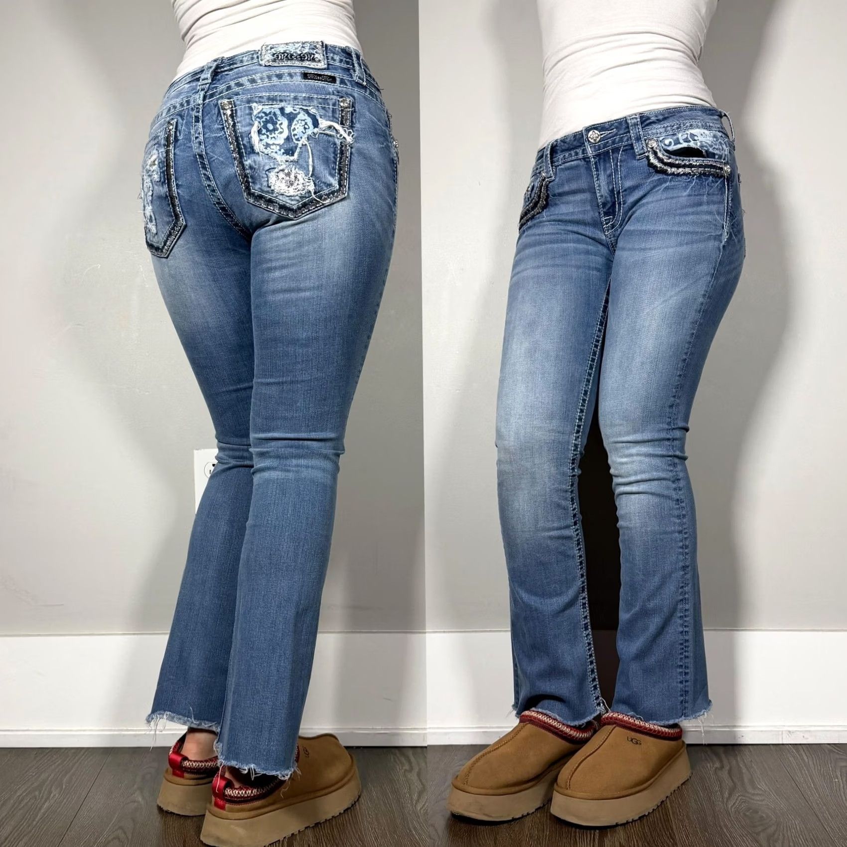 Miss Me Y2K Miss Me Bootcut Jeans Womens 28 Medium Wash Blue Raw Hem Rhinestone Denim Size 28" / US 6 / IT 42 - 2 Thumbnail
