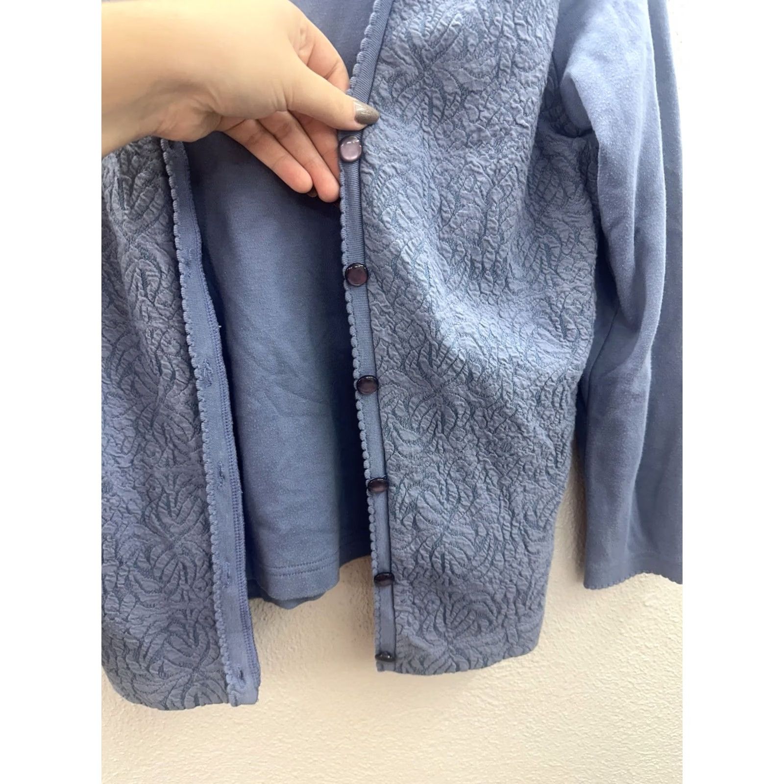 Vintage Hasting & Smith Womens Top Petite Medium Layered Button-Up Long Sleeve Knit Cotton Polyester Beaded Blue 90s Classic Womens Medium Size M / US 6-8 / IT 42-44 - 2 Thumbnail