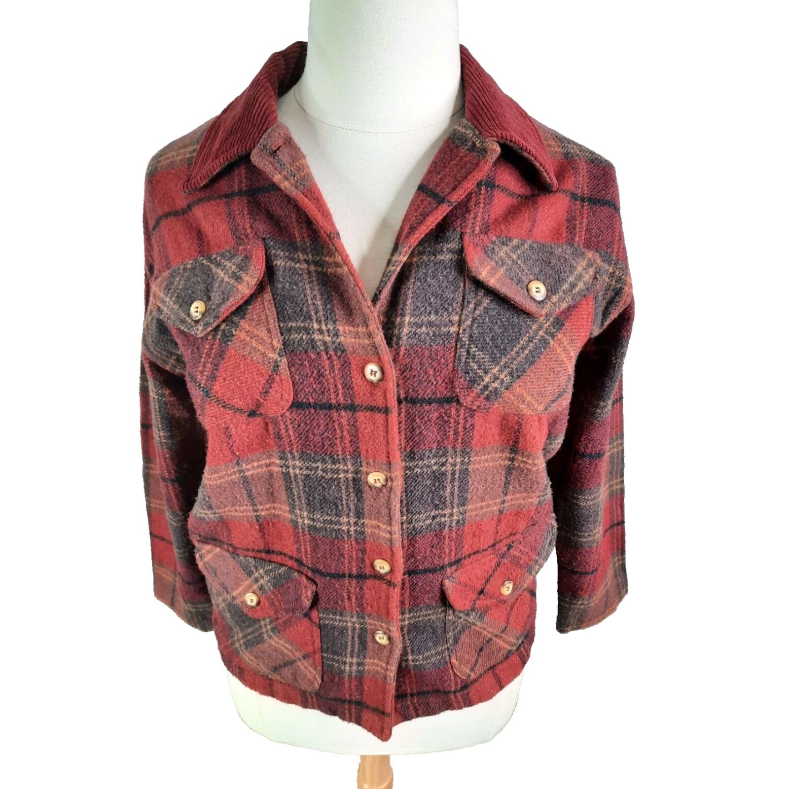 Vintage VINTAGE Capacity Jacket Shirt Coat Plaid Wool Corduroy Red PL Large Petite Womens Size L / US 10 / IT 46 - 2 Thumbnail