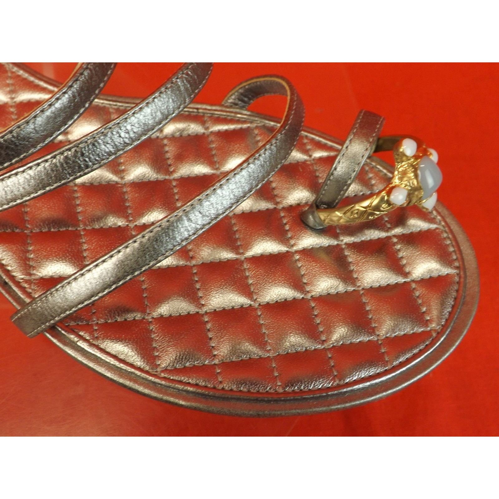 Chanel CHANEL SILVER LEATHER JEWELS RING CC LOGO FLATS SANDALS 42 Size US 12 / IT 42 - 9 Thumbnail