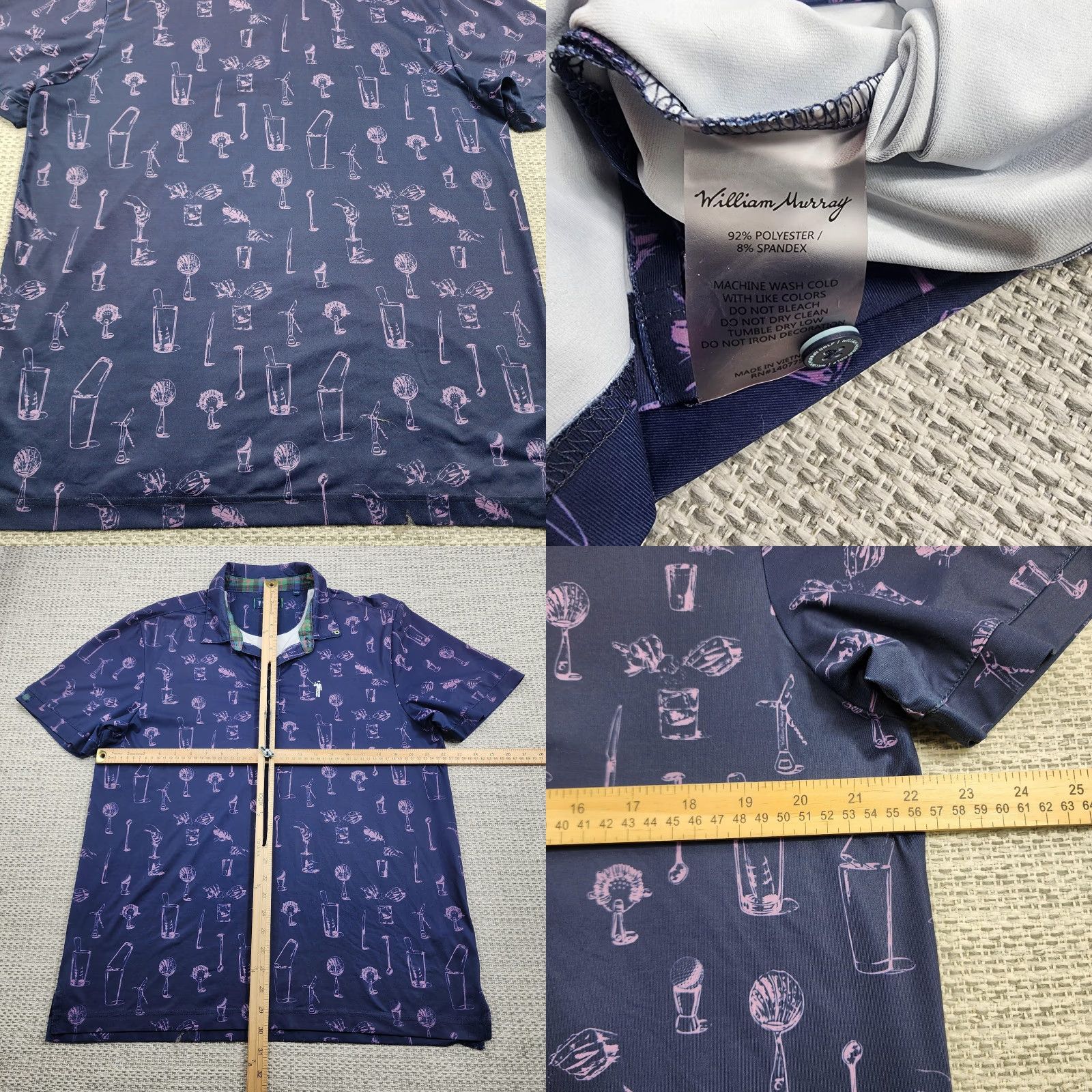 Vintage William Murray Polo Shirt Mens Large Navy Pink Golf Cocktails Print Performance Shirt Size US L / EU 52-54 / 3 - 8 Thumbnail