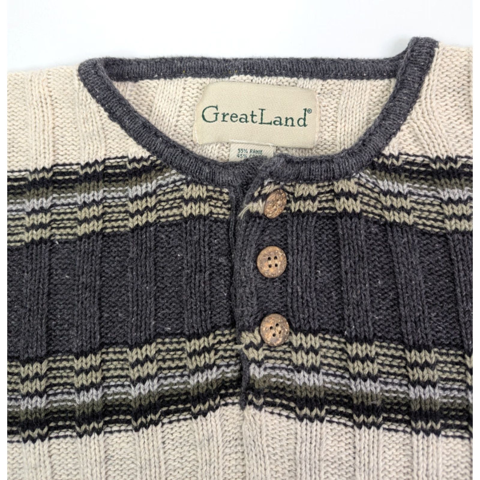 Vintage VINTAGE Greatland Striped Henley Sweater Mens M Gray Ribbed Knit Ramie Cotton Blend 90s Size US M / EU 48-50 / 2 - 7 Thumbnail