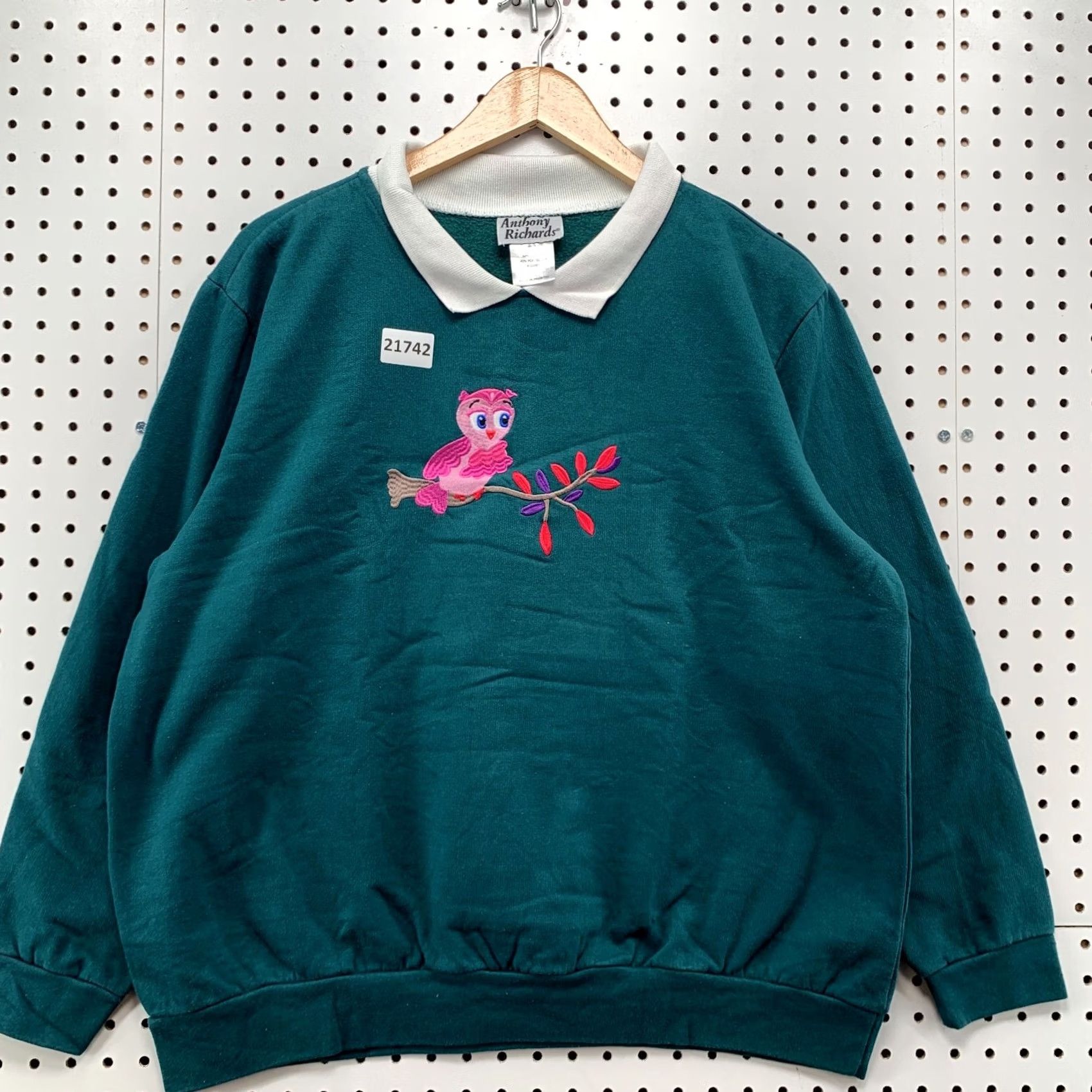 Vintage Anthony Richards Collared Grandma Sweater Green Embroidered Birds Women XL 23x26 Size XL / US 12-14 / IT 48-50 - 2 Thumbnail