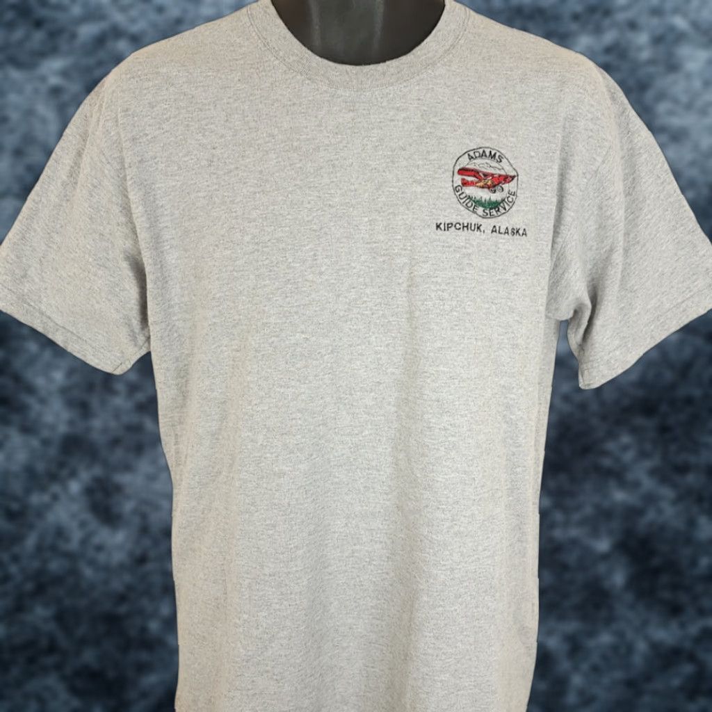 Gildan VINTAGE Kipchuk Alaska T Shirt Mens Size Medium 90s Y2K Guide Service Hunting Fishing Gray Cotton Embroidered Crew Neck Short Sleeve Gildan M Mens Size US M / EU 48-50 / 2 - 1 Thumbnail