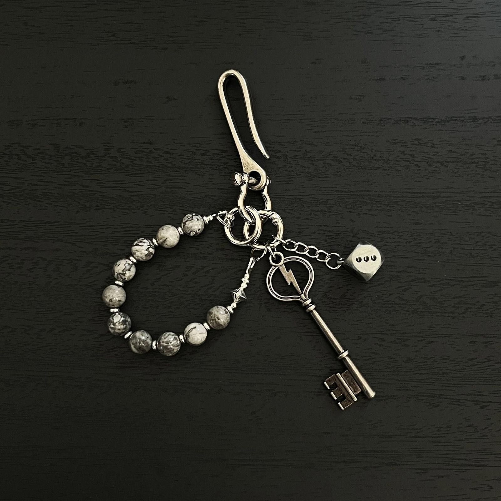 Jewelry Silver Keychain with Marble Beads, Men's Accessory Charm Size ONE SIZE - 6 Thumbnail