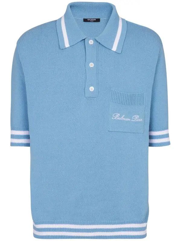 Balmain o1s1wg110925 Logo Embroidered Knitted Polo Shirt in Blue Size US L / EU 52-54 / 3 - 1 Thumbnail