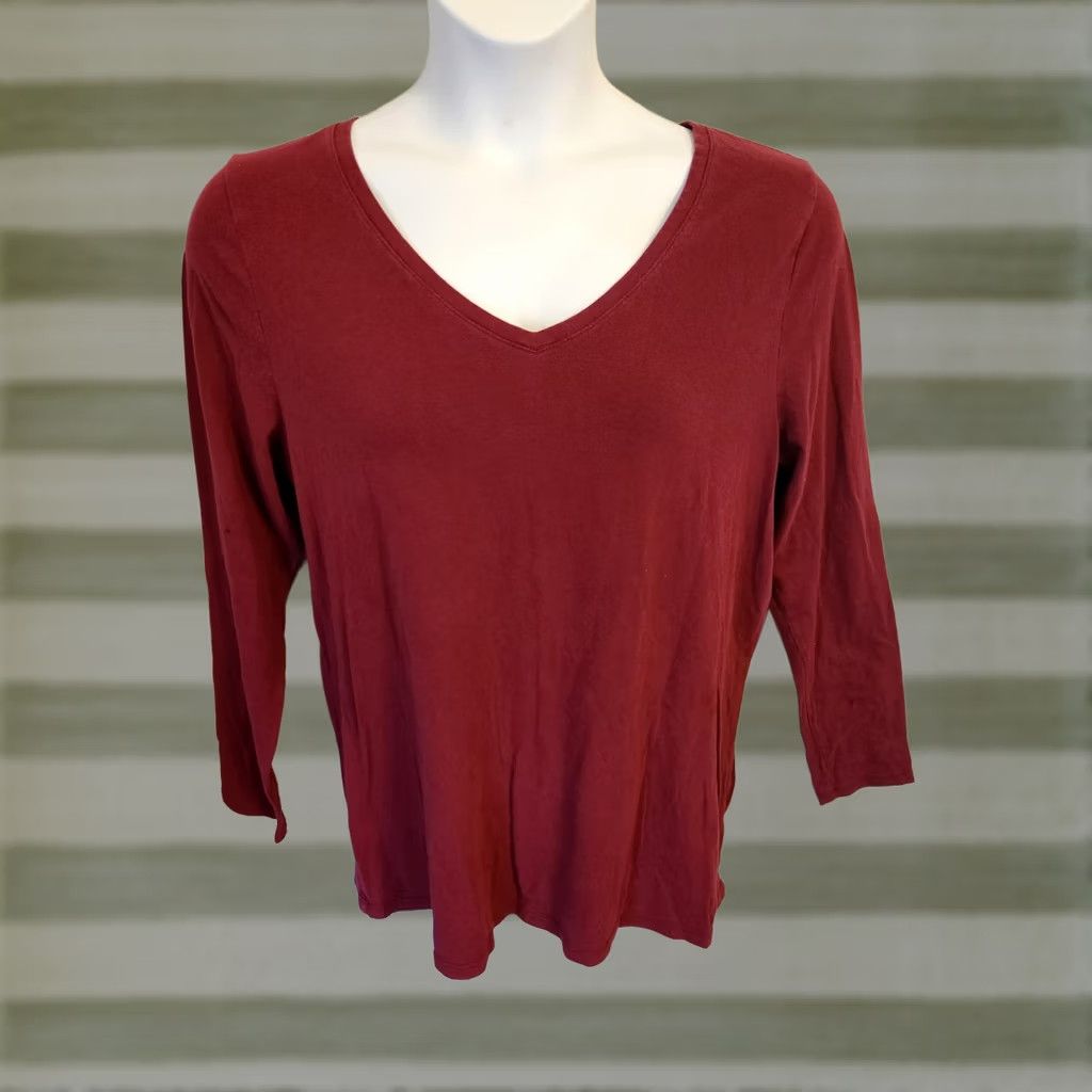Vintage Lane Bryant Burgundy V-Neck Long Sleeve Basic Shirt 14/16 Women Plus Regular Red Cotton Spandex Tagless Easy Care Size XL / US 12-14 / IT 48-50 - 1 Thumbnail