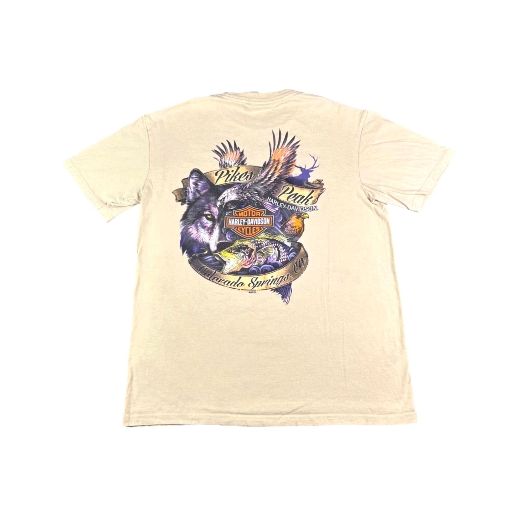 Harley Davidson Harley-Davidson T-Shirt Mens Medium Graphic Short Sleeve Beige Crew Neck Logo 5 Seconds of Summer Wolf Eagle Vintage? Size US M / EU 48-50 / 2 - 2 Thumbnail