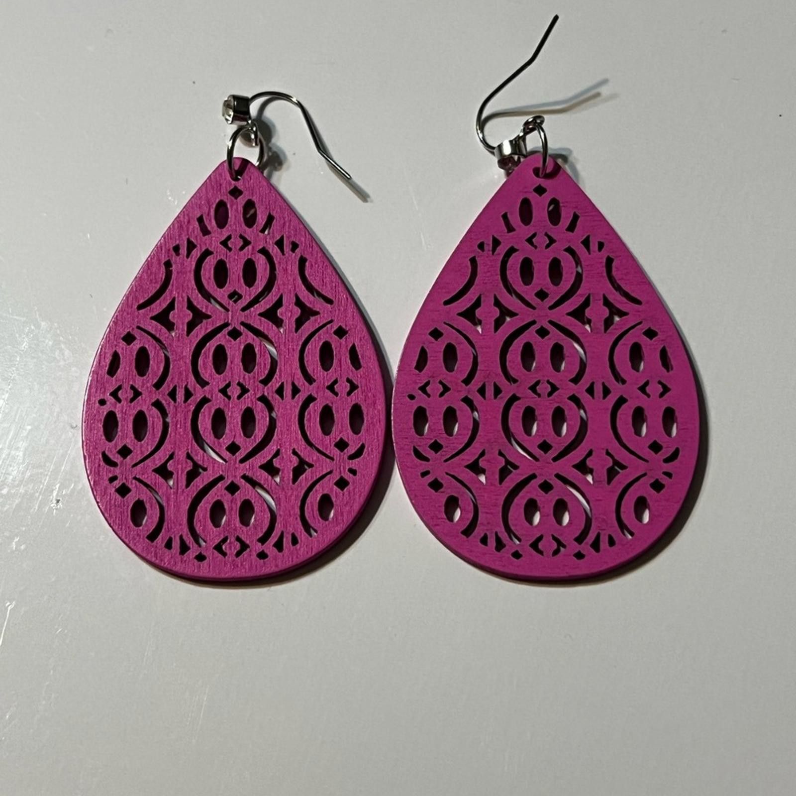 Handmade Pink Teardrop Laser Cut Wooden Earrings Size ONE SIZE - 2 Thumbnail