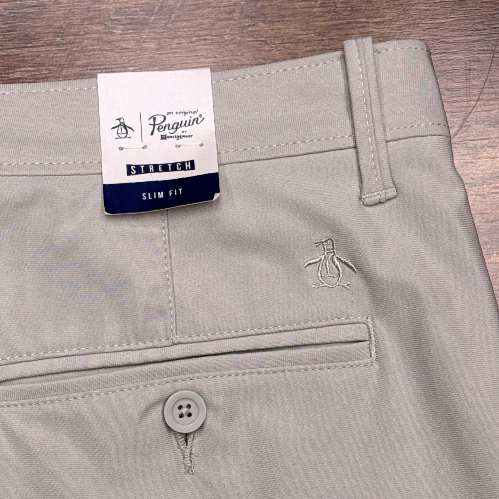 Vintage Penguin Mens Slim Pants 33x32 Beige Mid Rise Stretch Chino Straight Pocket Button Zip Business Casual Workwear New Size US 33 - 2 Thumbnail
