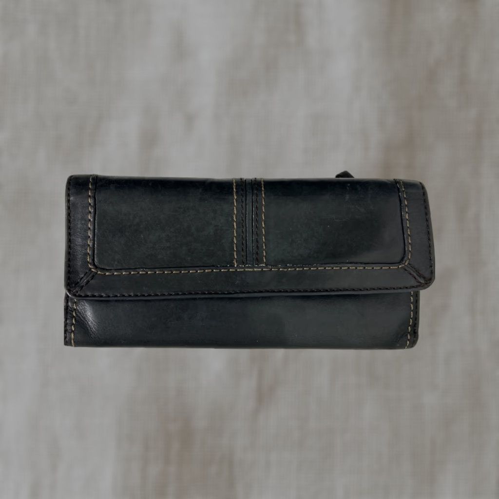 Fossil Black Leather Bifold Snap Wallet Wristlet Women Credit Card Checkbook Folding Cash Coins 8X4X1