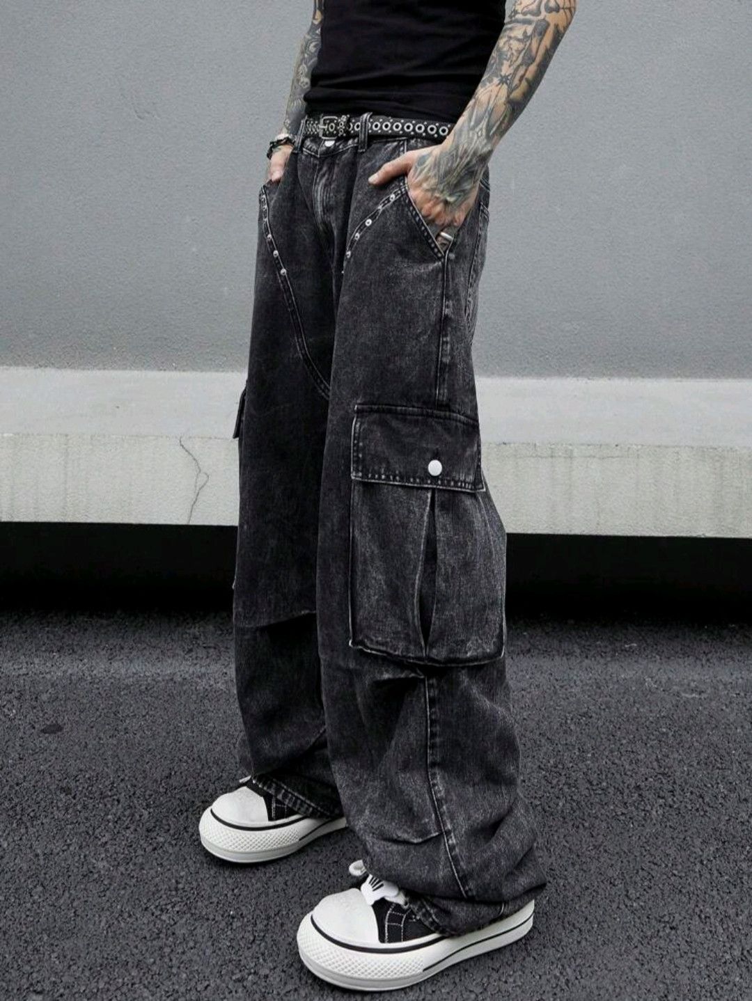 Japanese Brand × Jean Casual Flap Pocket Side Black Cargo Jeans sh Size US 35 - 4 Thumbnail