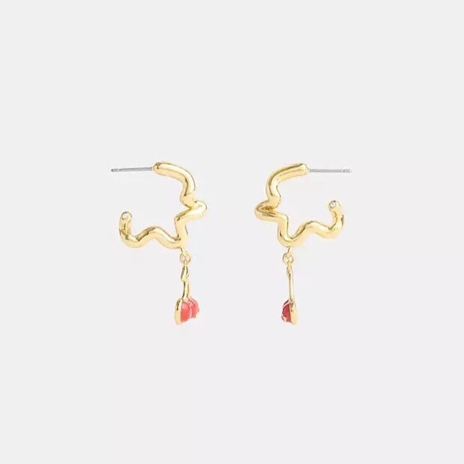Coach NEW Coach Cherry Wavy Huggie Earrings Gold/Red CAA16 Size ONE SIZE - 4 Thumbnail