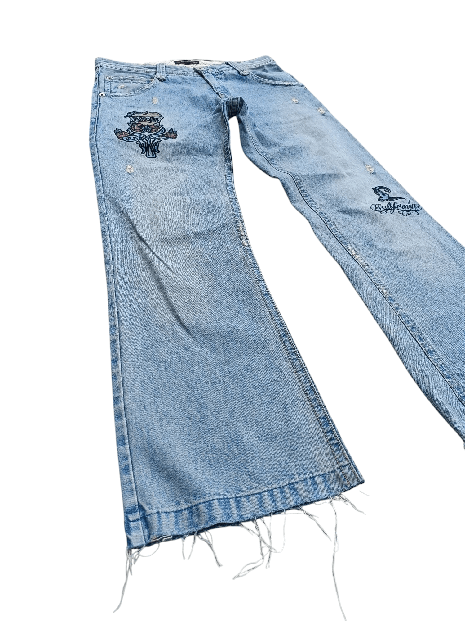 Japanese Brand × Vintage VTG FLARED Japanese Brand Distressed Embroidery Denim E222 Size US 31 - 1 Thumbnail