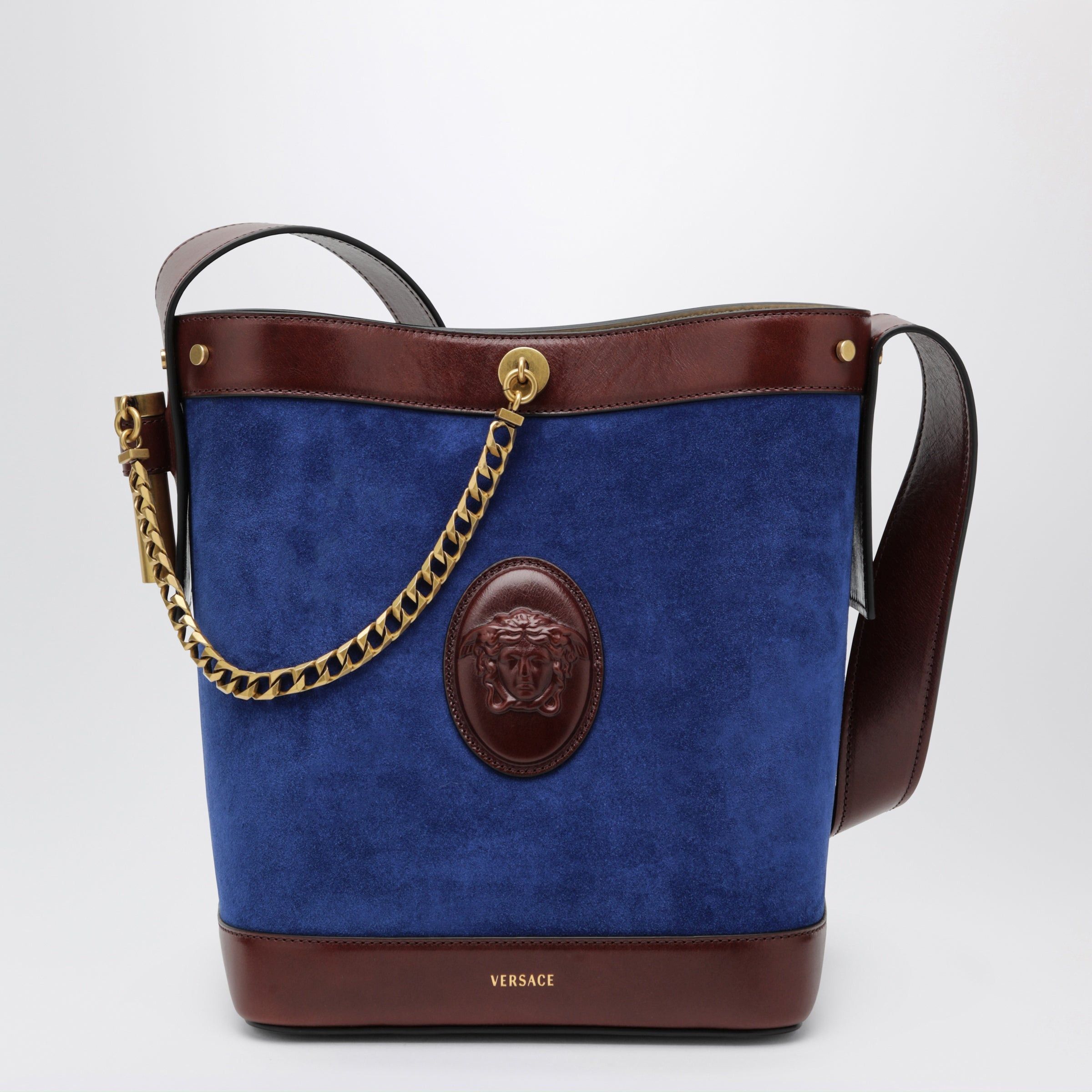 Versace Versace Small Pivot Bucket Bag In Suede And Leather Blue Size ONE SIZE - 1 Thumbnail