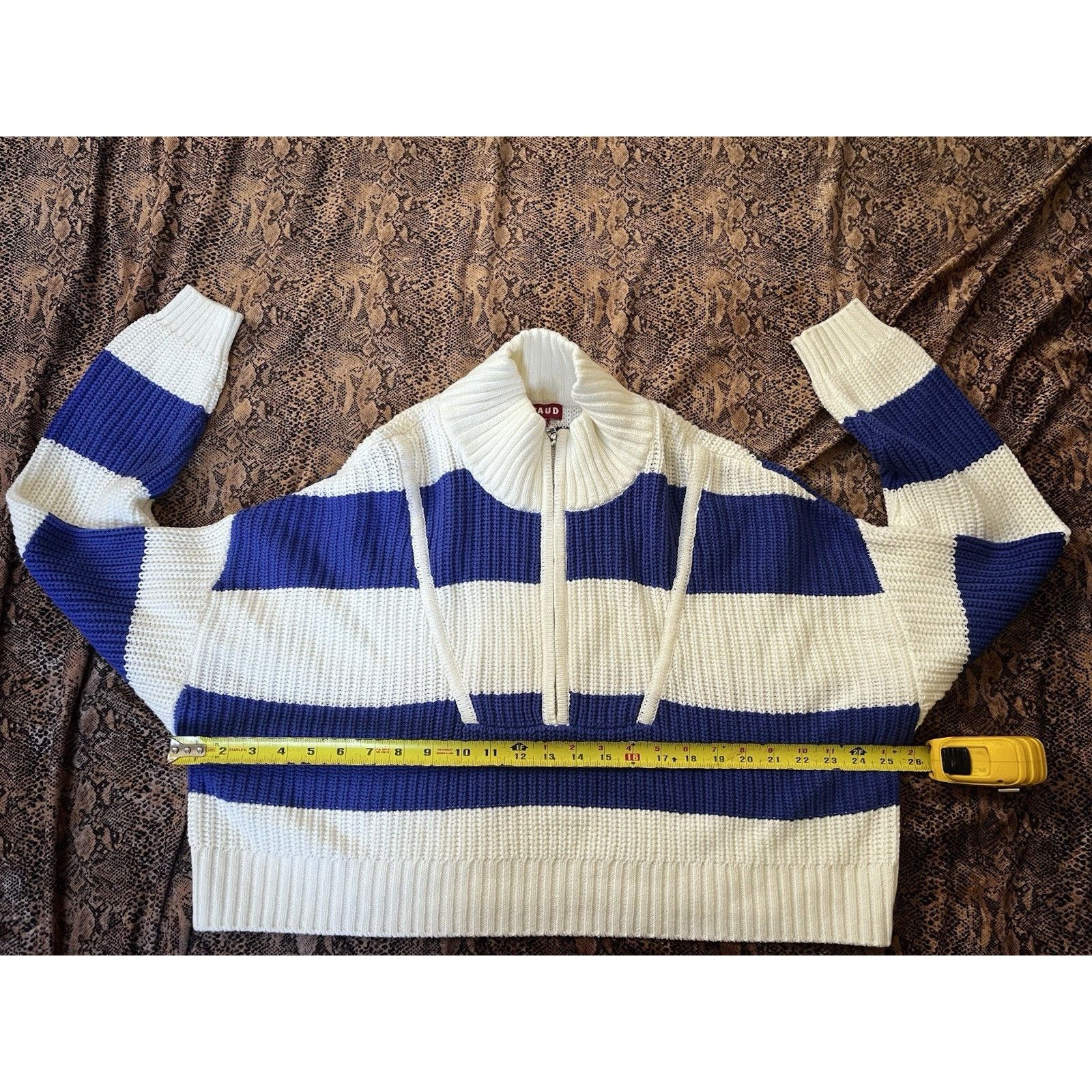 Staud STAUDE Blue Striped Quarter Zip Ribbed Cotton Blend Sweater Size M / US 6-8 / IT 42-44 - 5 Thumbnail