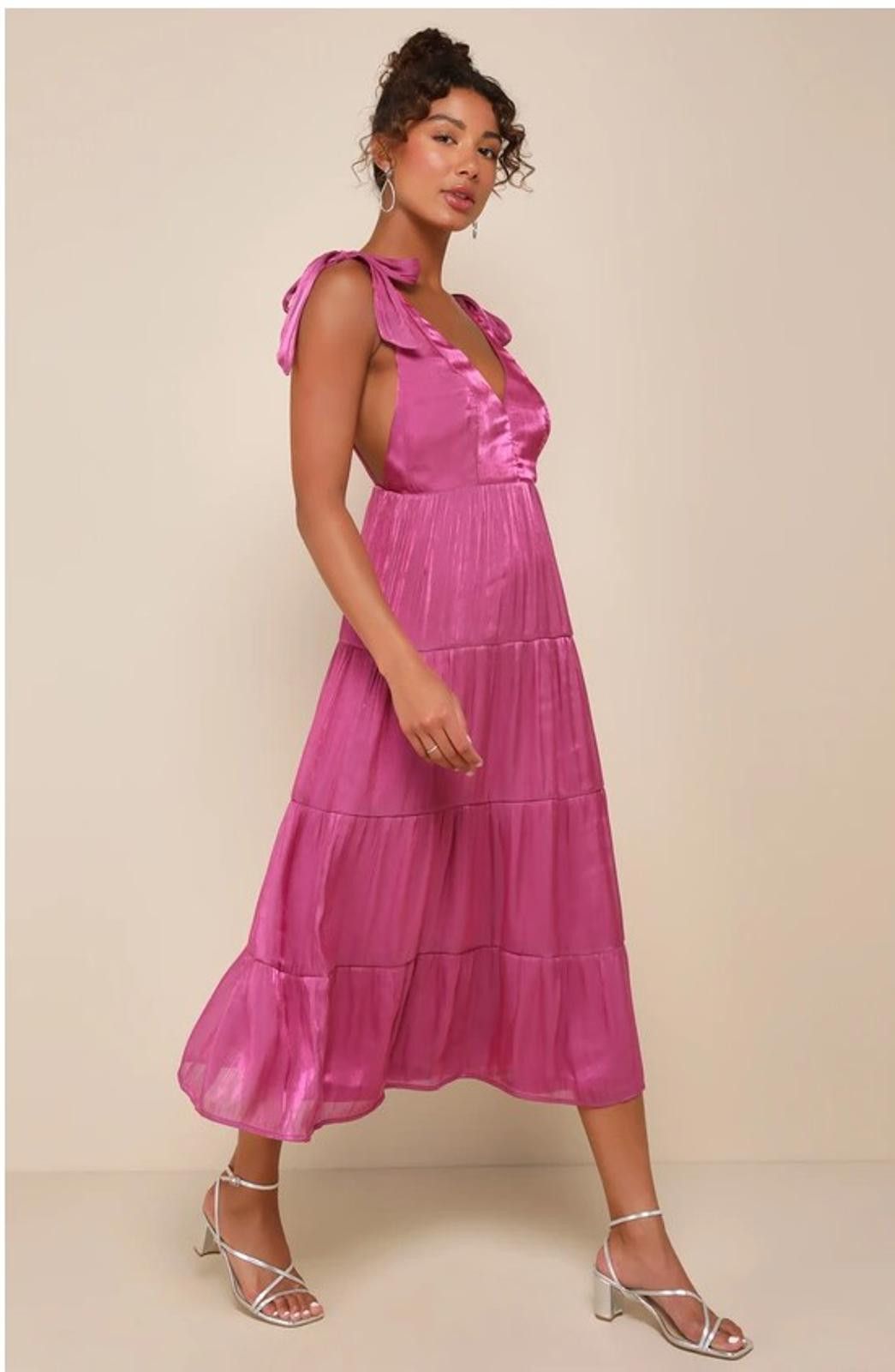 Lulus Exemplary Shine Magenta Tie-Strap Tiered Midi Dress - NWT Size S / US 4 / IT 40 - 2 Thumbnail