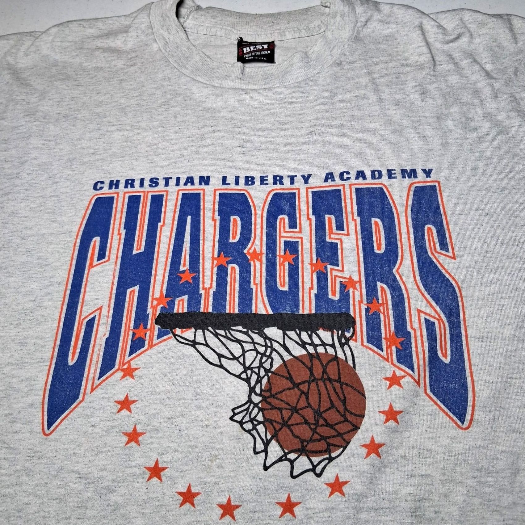 Fruit Of The Loom VINTAGE BEST Fruit of the Loom Christian Liberty Academy Chargers Basketball Shirt XL Gray Single Stitch Distressed Crew Neck Men M Size US XL / EU 56 / 4 - 2 Thumbnail
